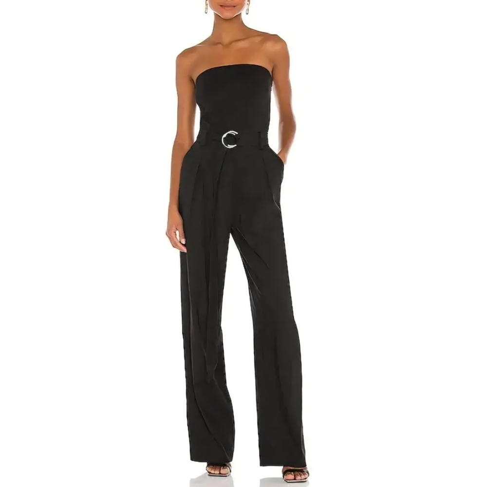 FRAME NWT🏷️Black Strapless Wide Leg Belted Stretch Linen Blend Jumpsuit Sz4